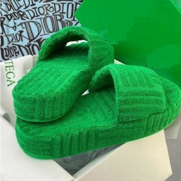 Grass Green Platform Slides Wool Cloth Bottega Veneta Inspired Sandals Shoes - Picture 9 of 11